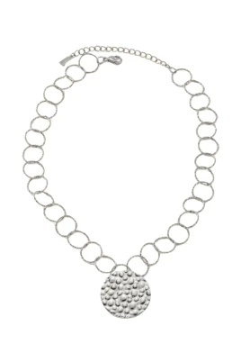 VILJA Waterproof Silver Stainless Steel Short Statement Necklace - Hammered/Polished Finish