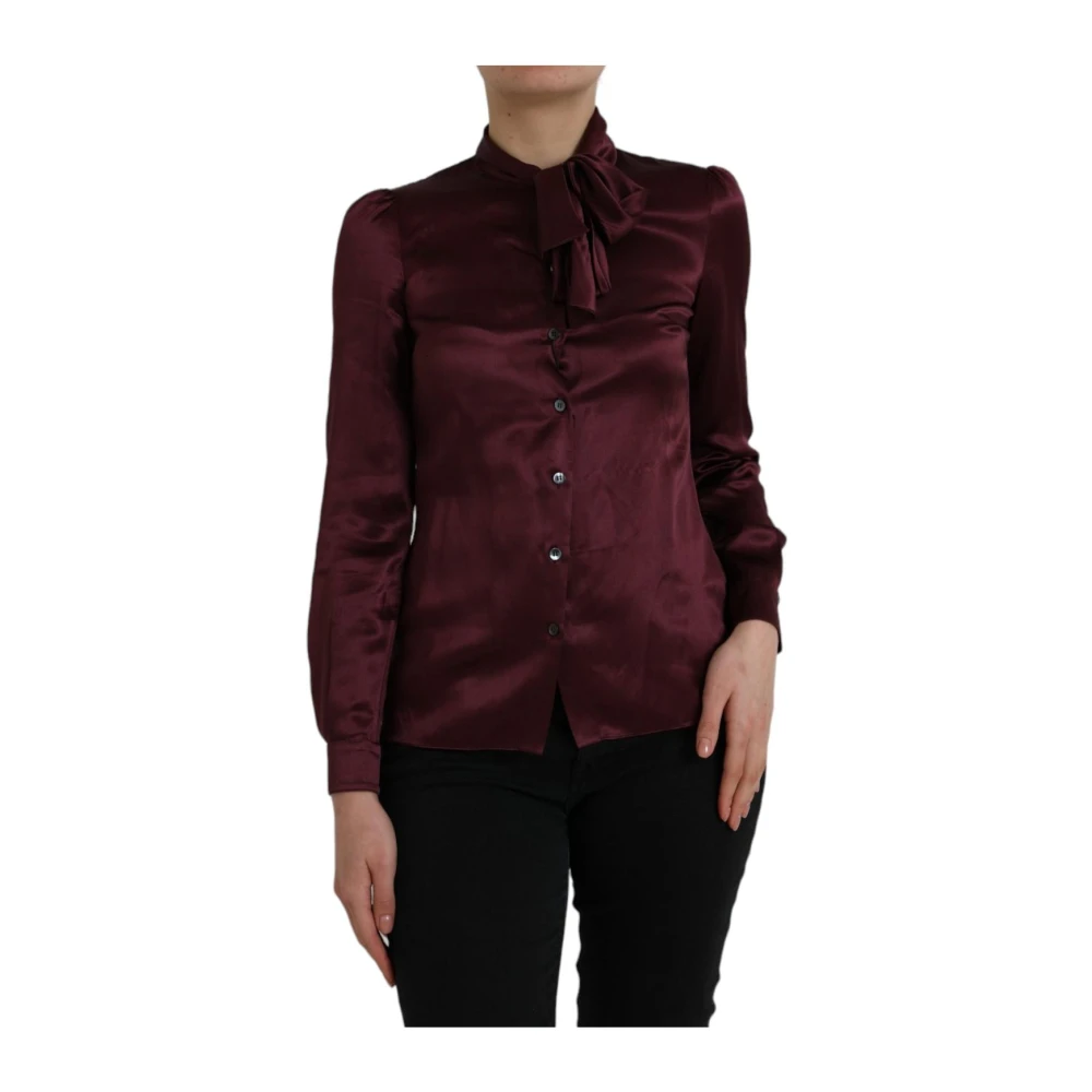 Dolce & Gabbana Women's Brown Maroon Silk Bow Tie Blouse