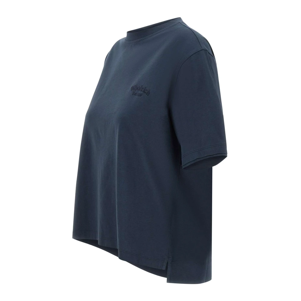 Woolrich Blauw Katoenen T-shirt met Logo Borduursel Blue Dames