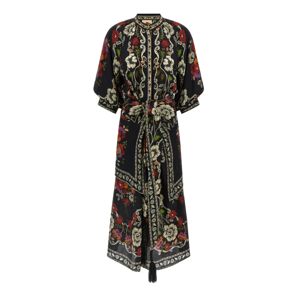 Farm Rio Women's Black Shirt Dresses, S, Rococo Flowers Belted Midi Dress