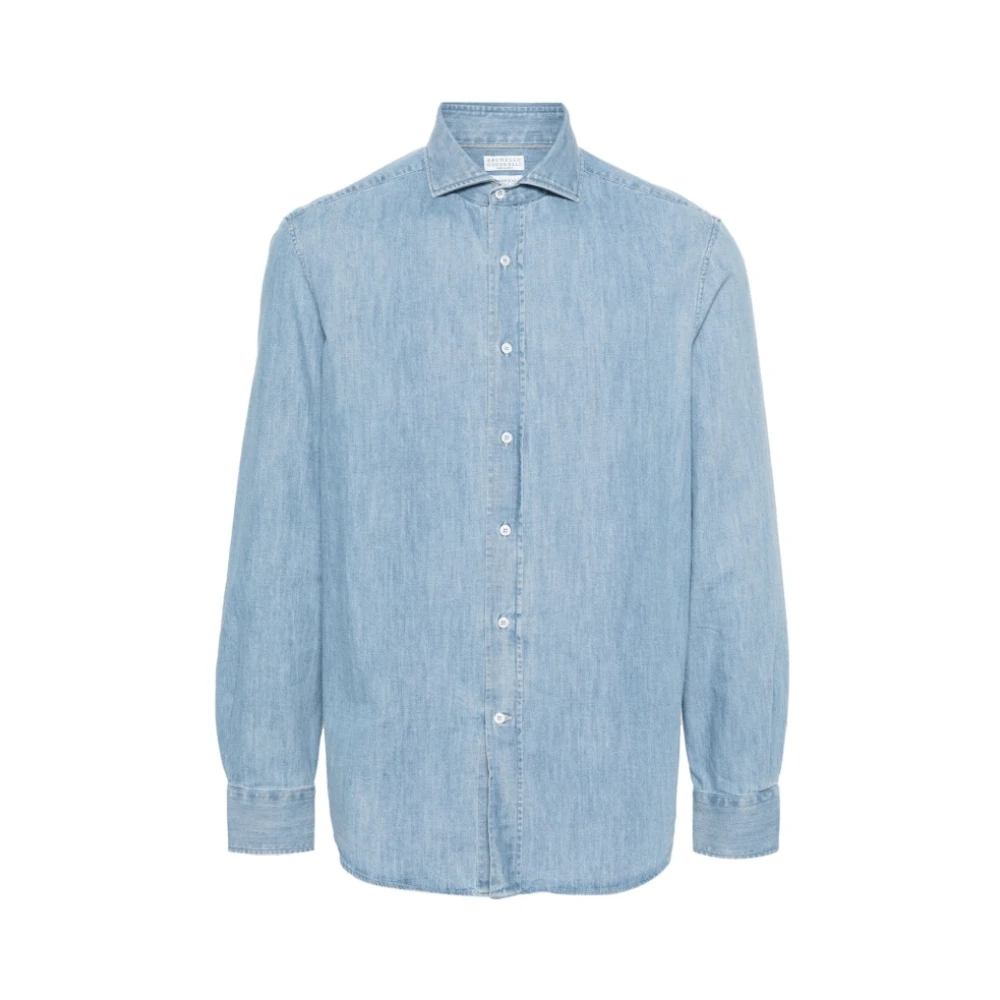 Brunello Cucinelli Ljusblå Denim Spread Krage Skjorta Blue, Herr