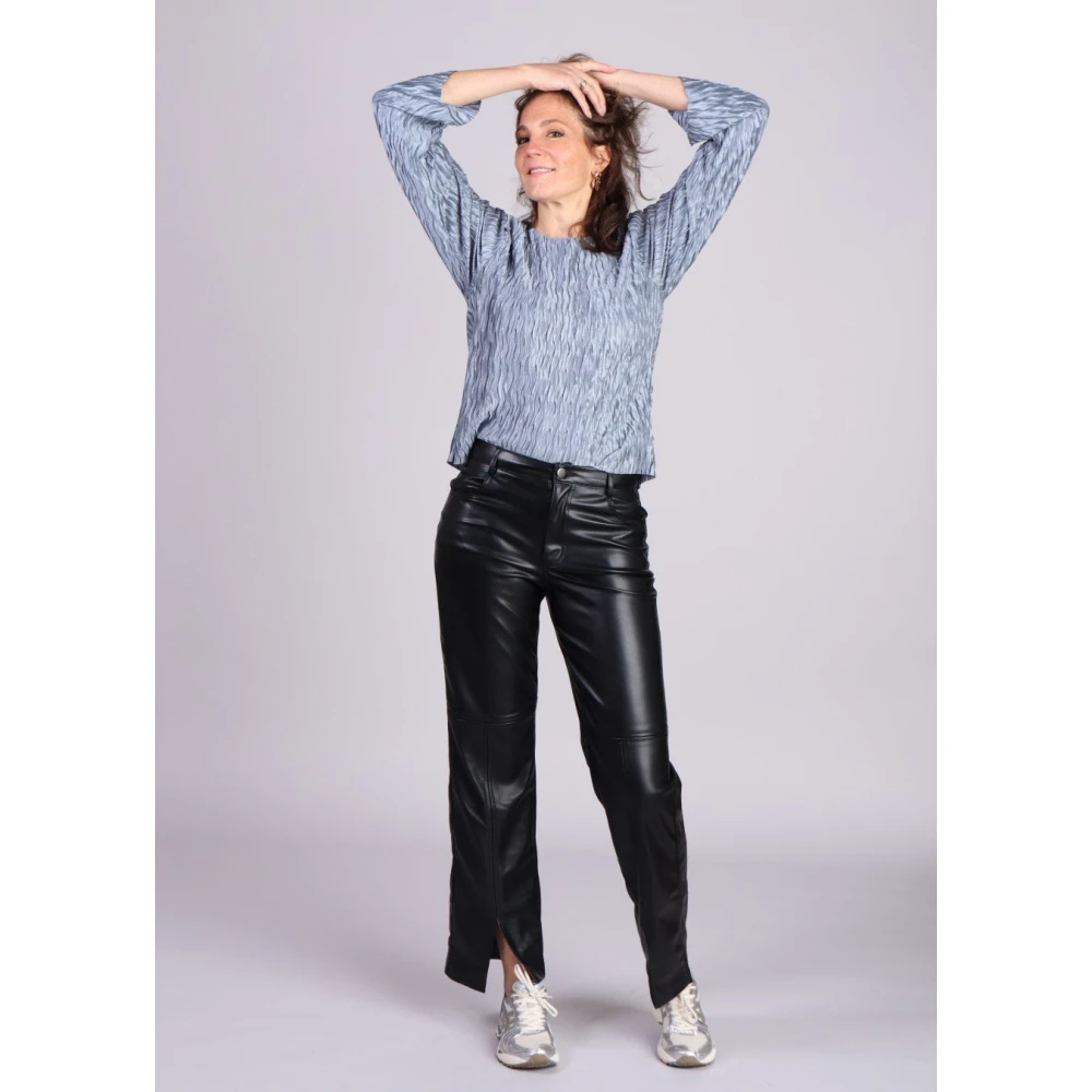 MbyM Zwarte vegan leren wijde pijp broek met splitjes Mayanna Black Dames