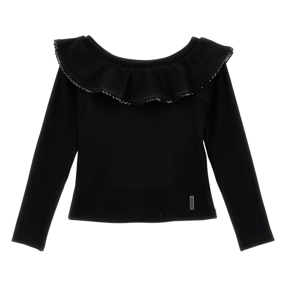 Monnalisa Girls Black Knitted Ruffle Collar Top - Kids Blouses - 12 Y - Kids