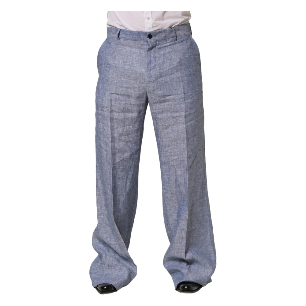 Dolce & Gabbana Men's Blue Wide Trousers, M, Linen Straight Dress Trousers