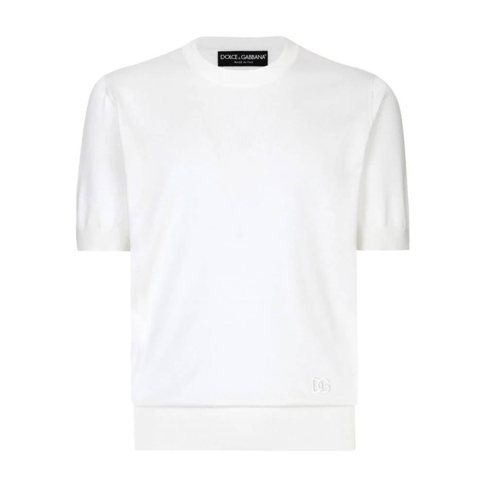Dolce & Gabbana Witte Zijden Logo Geborduurde Trui White Heren