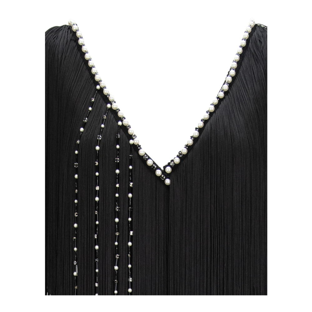 Elisabetta Franchi Lange V-hals jurk met franjes Black Dames