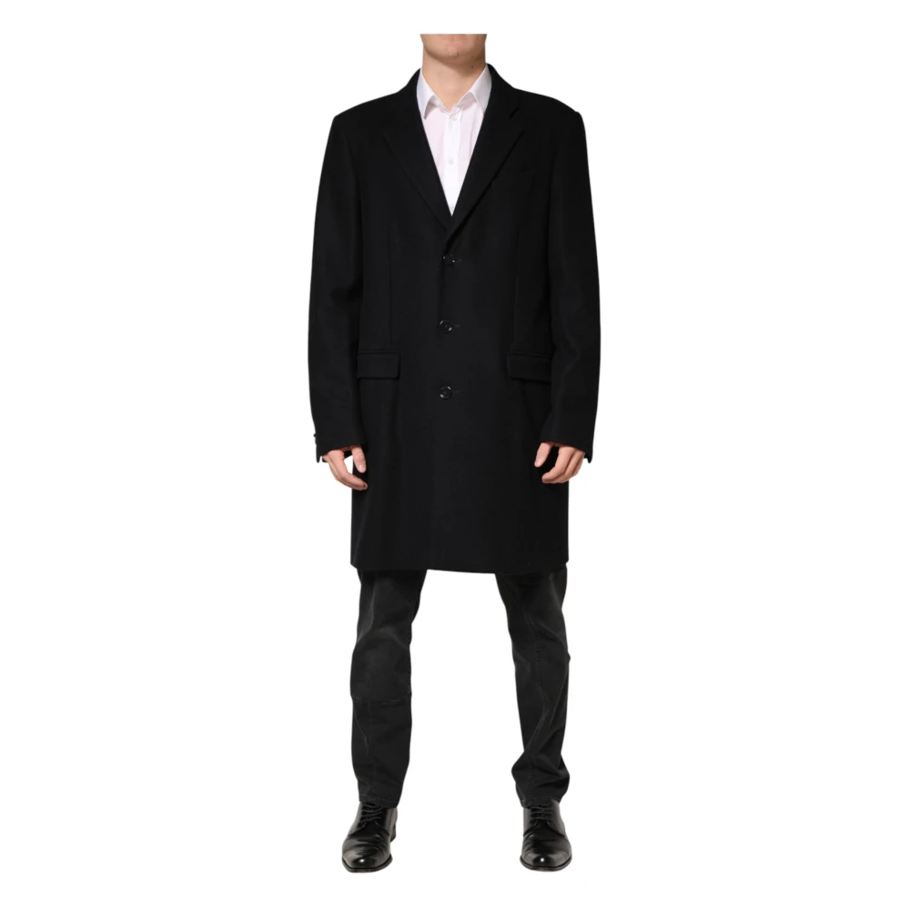 Dolce & Gabbana Black Single-Breasted Coats, Male, 2XL, Wool Single Breasted Long Coat Jacket