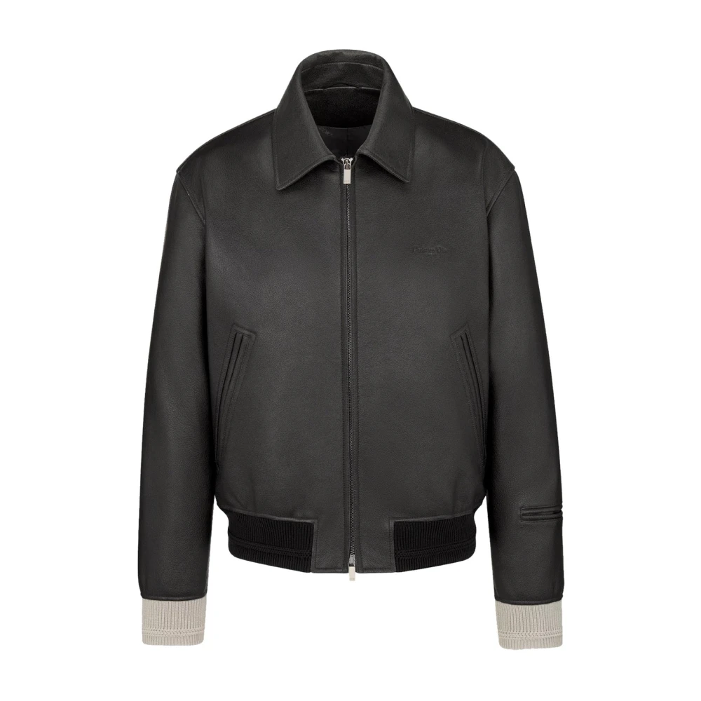 Dior , Leather Jackets, Male, Black, L, Black Leather Jacket Ribbed Trims Zip