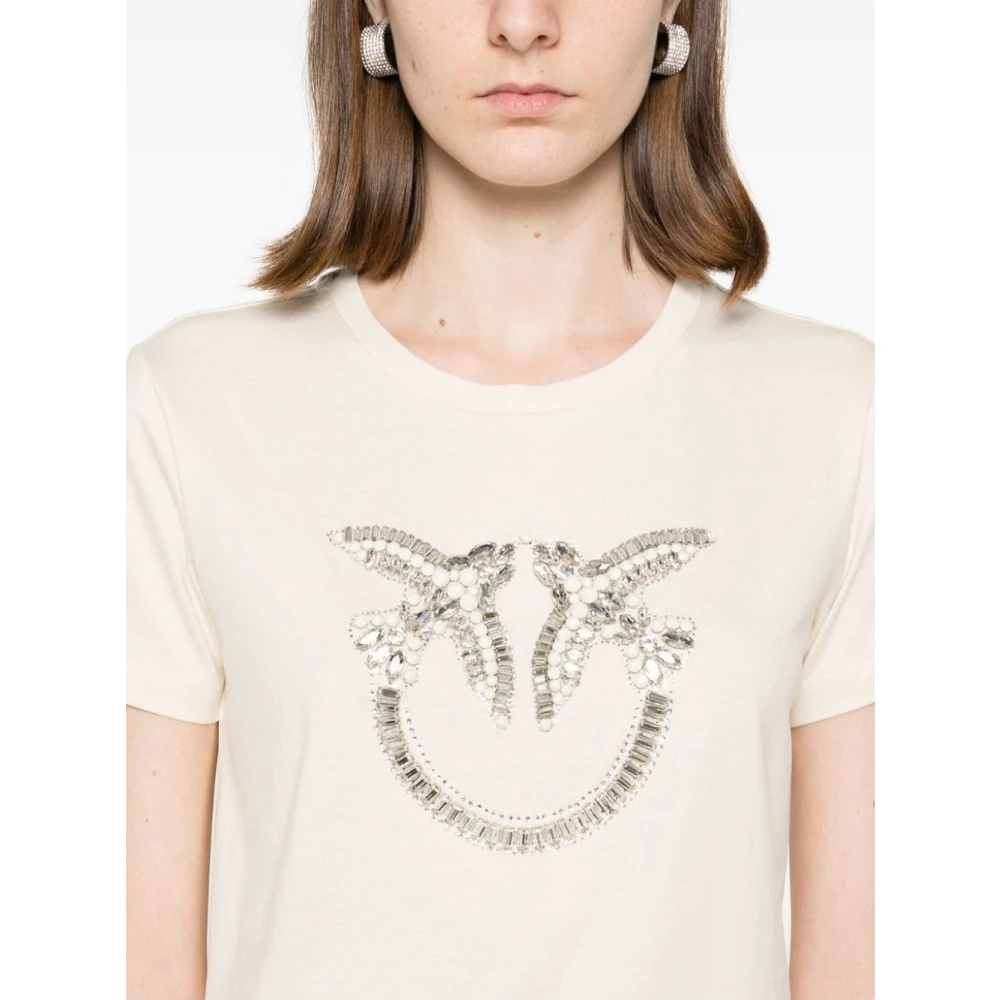 pinko Beige Love Birds Geborduurd T-shirt Beige Dames