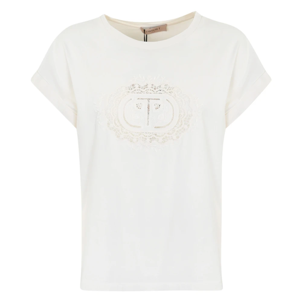 Twinset Vit Bomull T-shirt med Spets Logo White, Dam