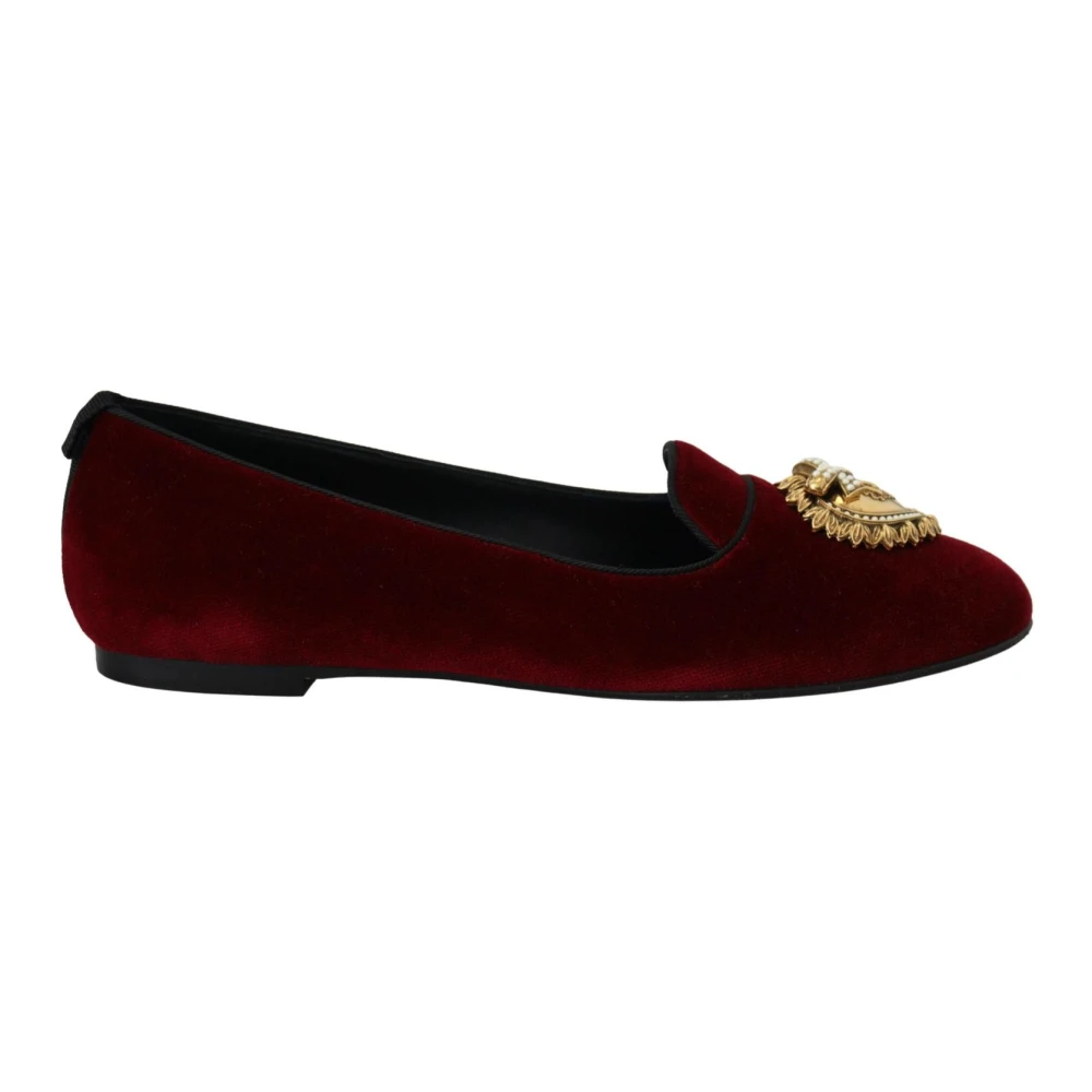Dolce & Gabbana Sammet Loafers med Guld Hjärta Red, Dam