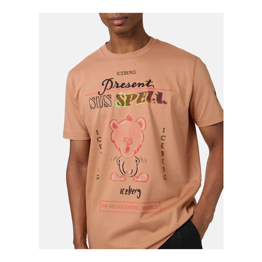 Iceberg Regular fit coccio gekleurde katoenen T-shirt met maxi multicolor Bear print Brown Heren