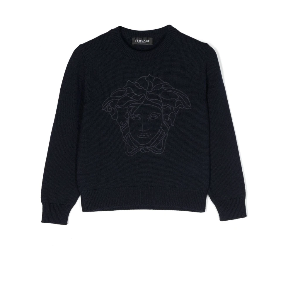 Versace Young Boys Blue Navy Virgin Wool Versace Jumper - Image 2