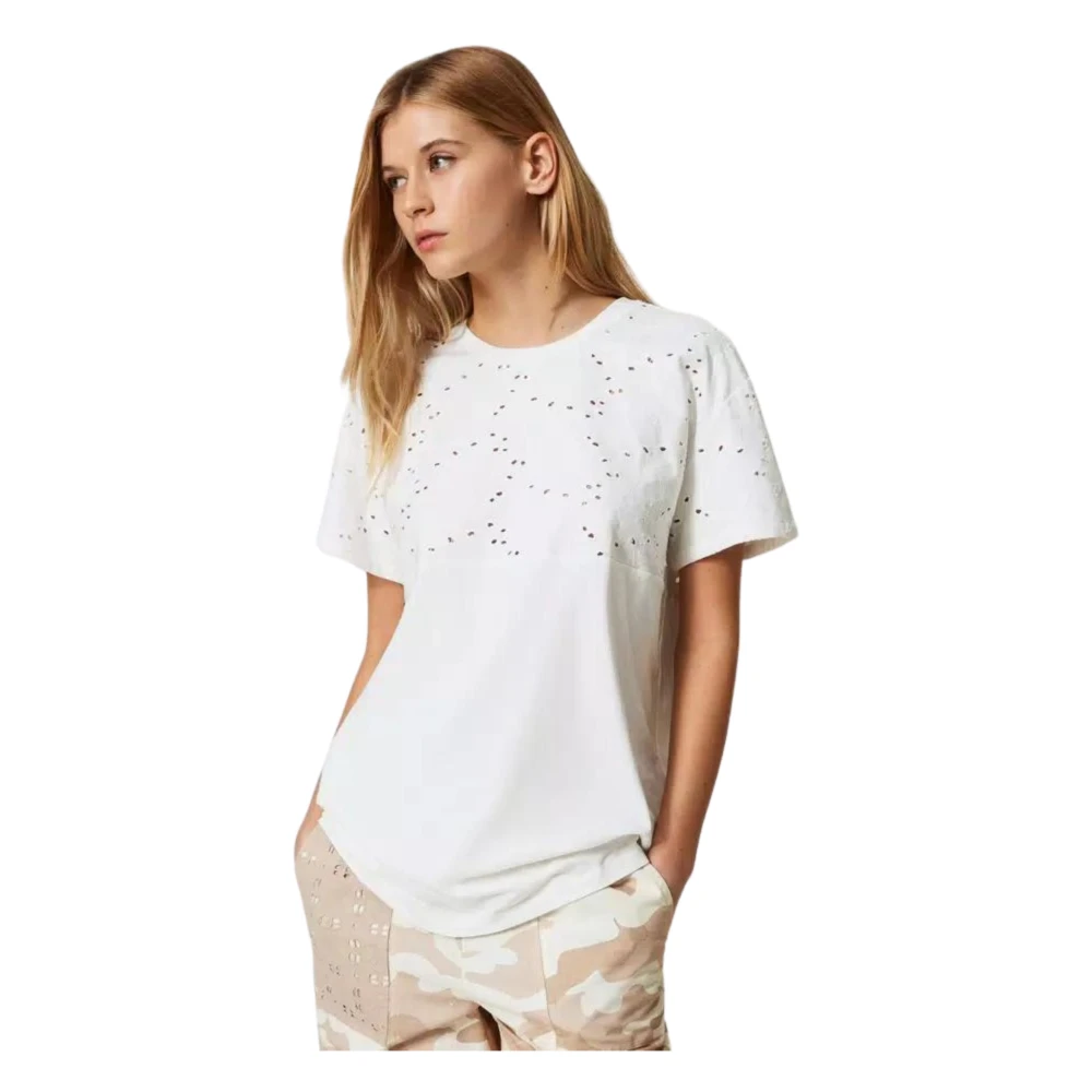 Twinset Maxi T-shirt met korte mouwen en Sangallo borduurwerk Beige Dames