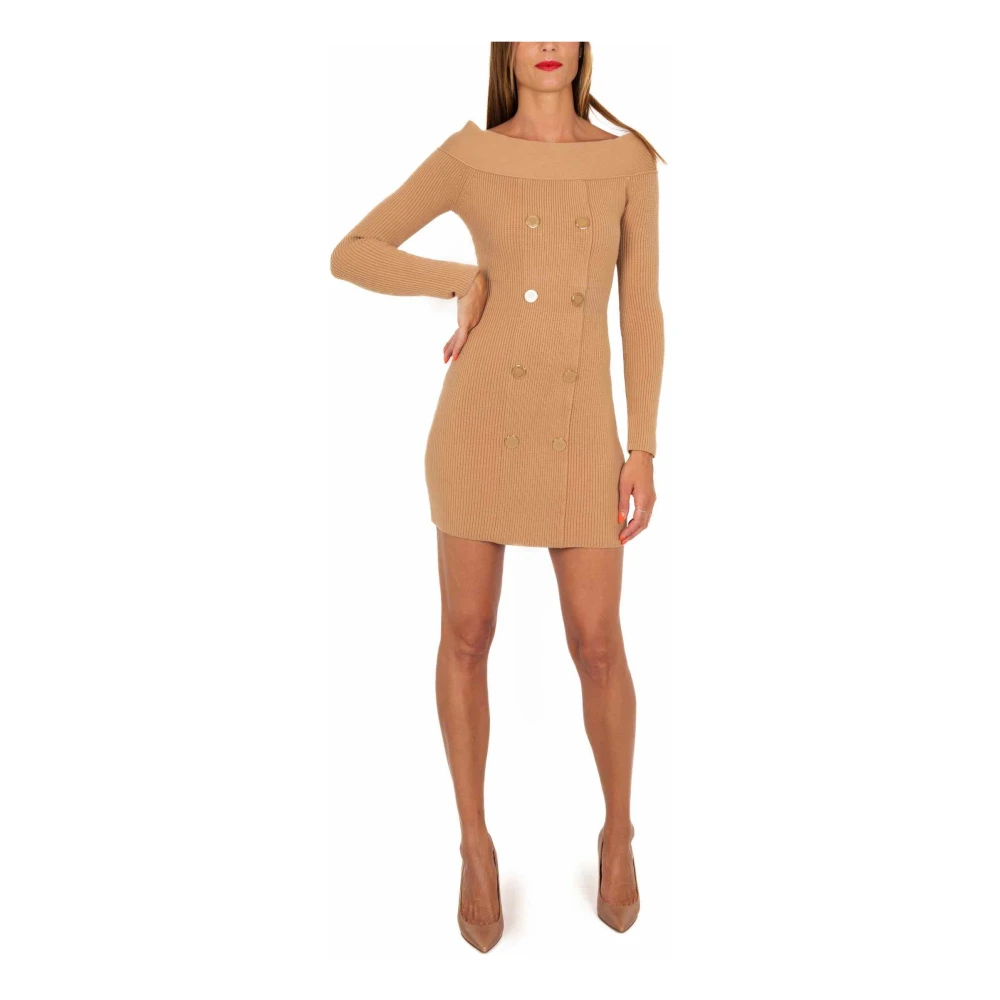Elisabetta Franchi Kameel Gebreide Mini Jurk Jas Brown Dames