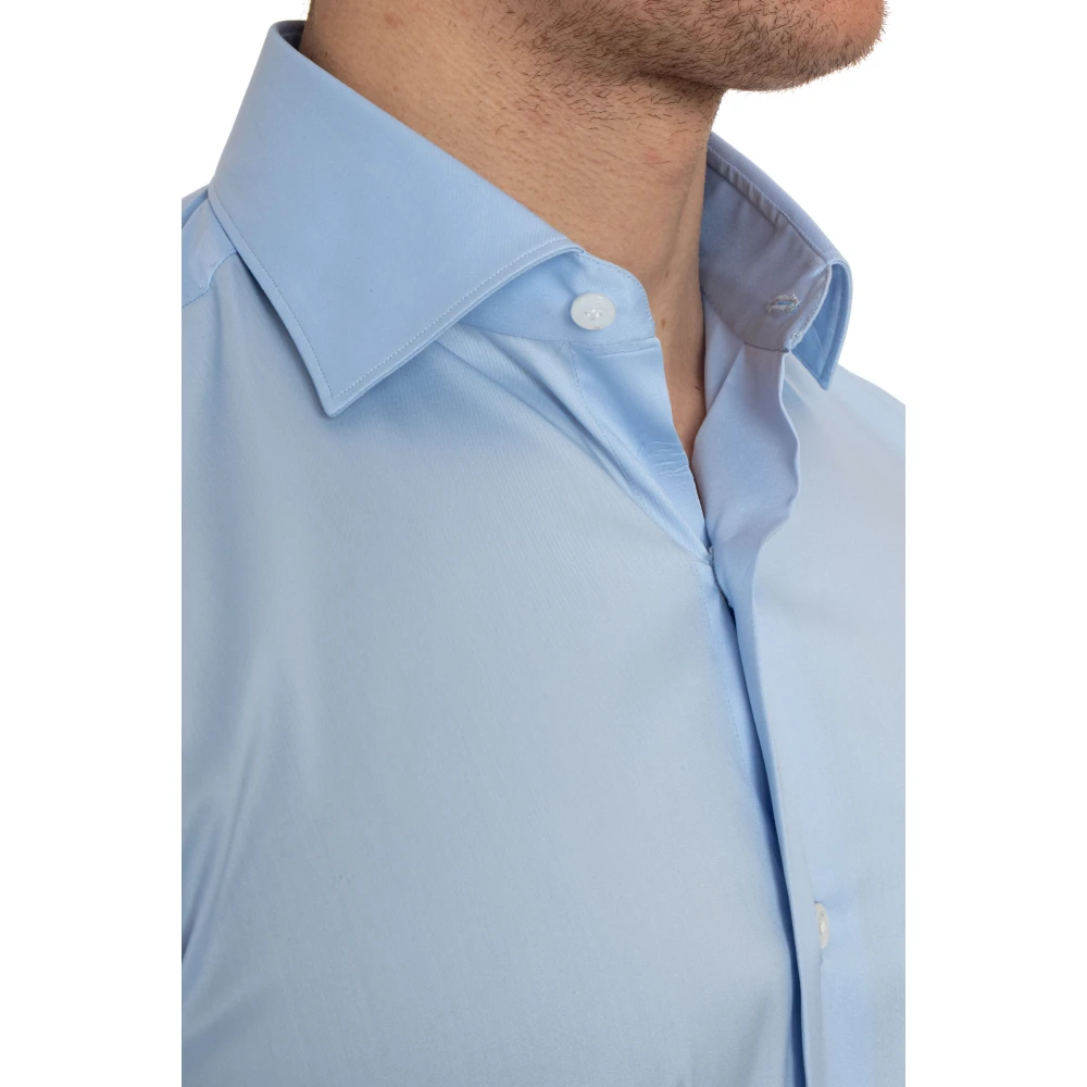 Finamore Heldere Blauwe Stretch Poplin Overhemd Blue Heren