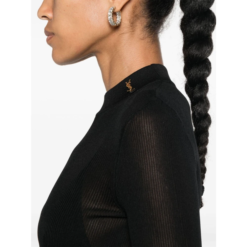Saint Laurent Ribgebreide trui Cassandre van zijde Black Dames