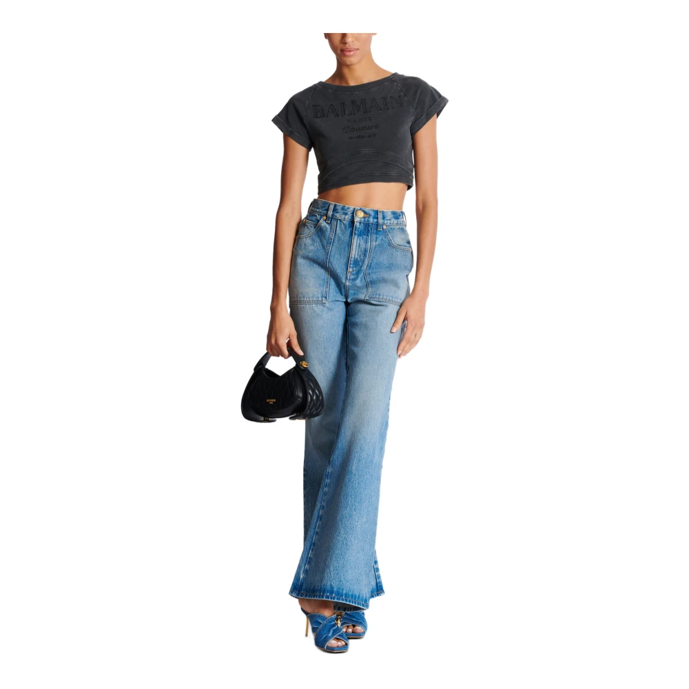 Balmain Cropped Couture Geborduurd T-shirt Gray Dames