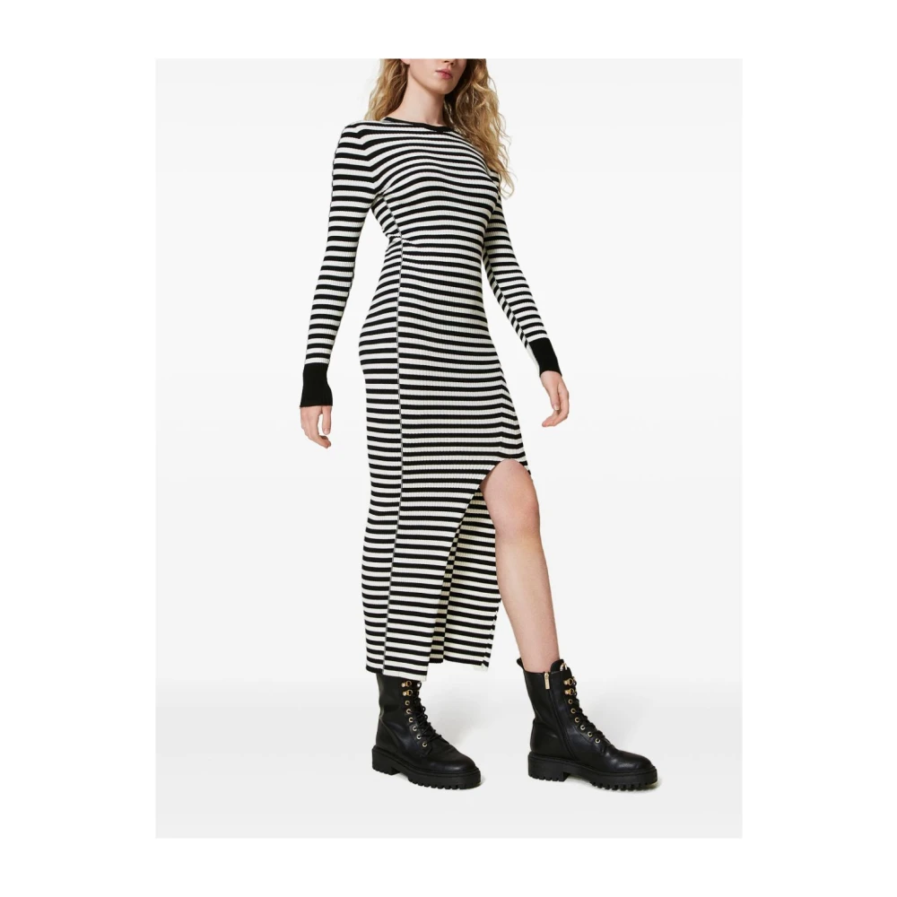 Twinset Gestreepte Gebreide Jurk Zwart Black Dames