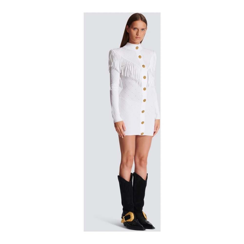Balmain Kort gefranjerd fijngebreid jurkje White Dames