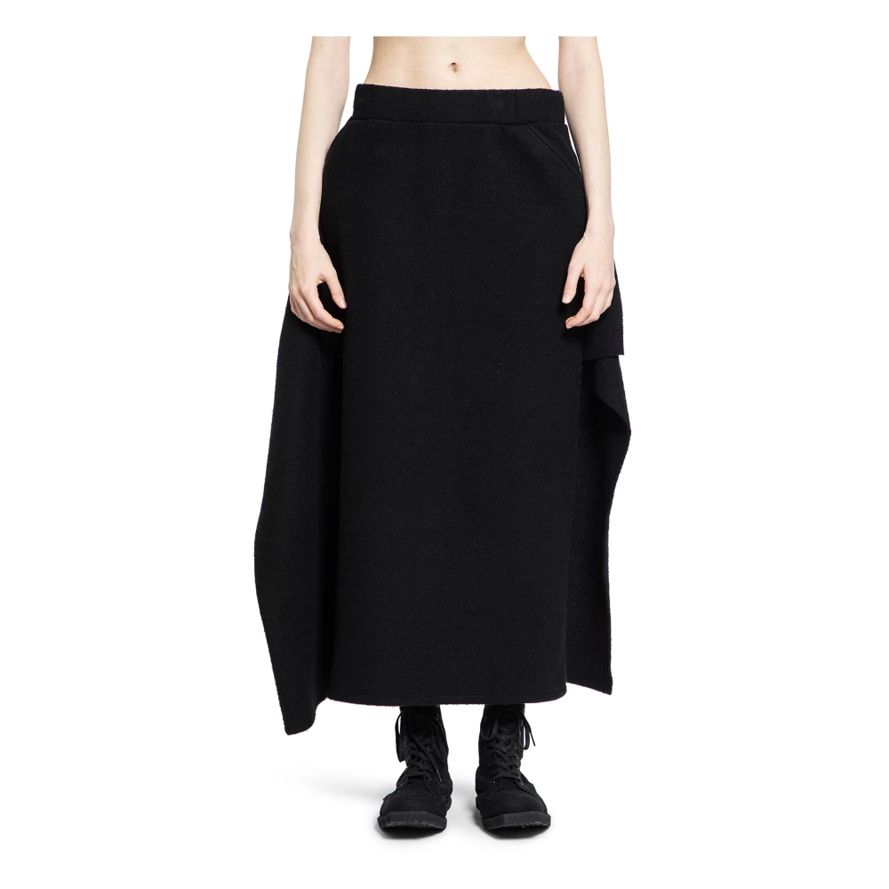 Yohji Yamamoto Zwarte Wol Gedrapeerde Midi Rok Black Dames