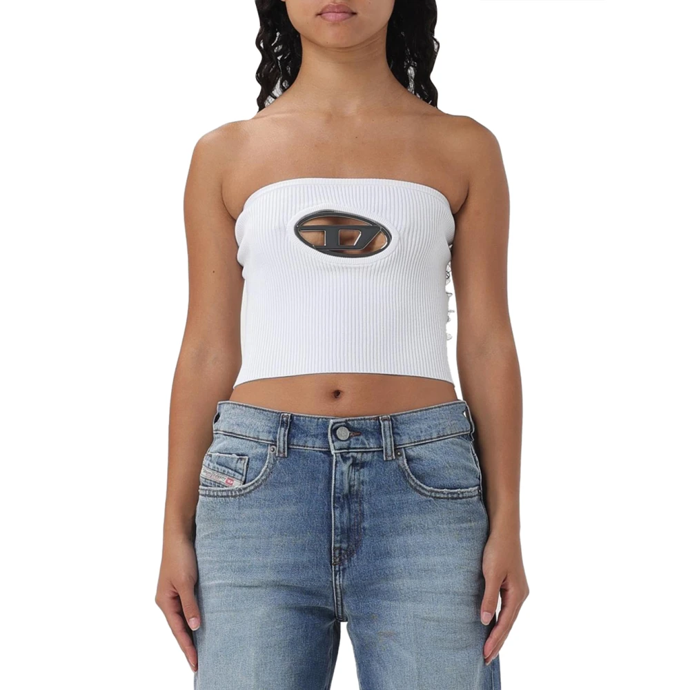 Diesel Witte Geribbelde Stretch Top met Ovaal Logo White Dames
