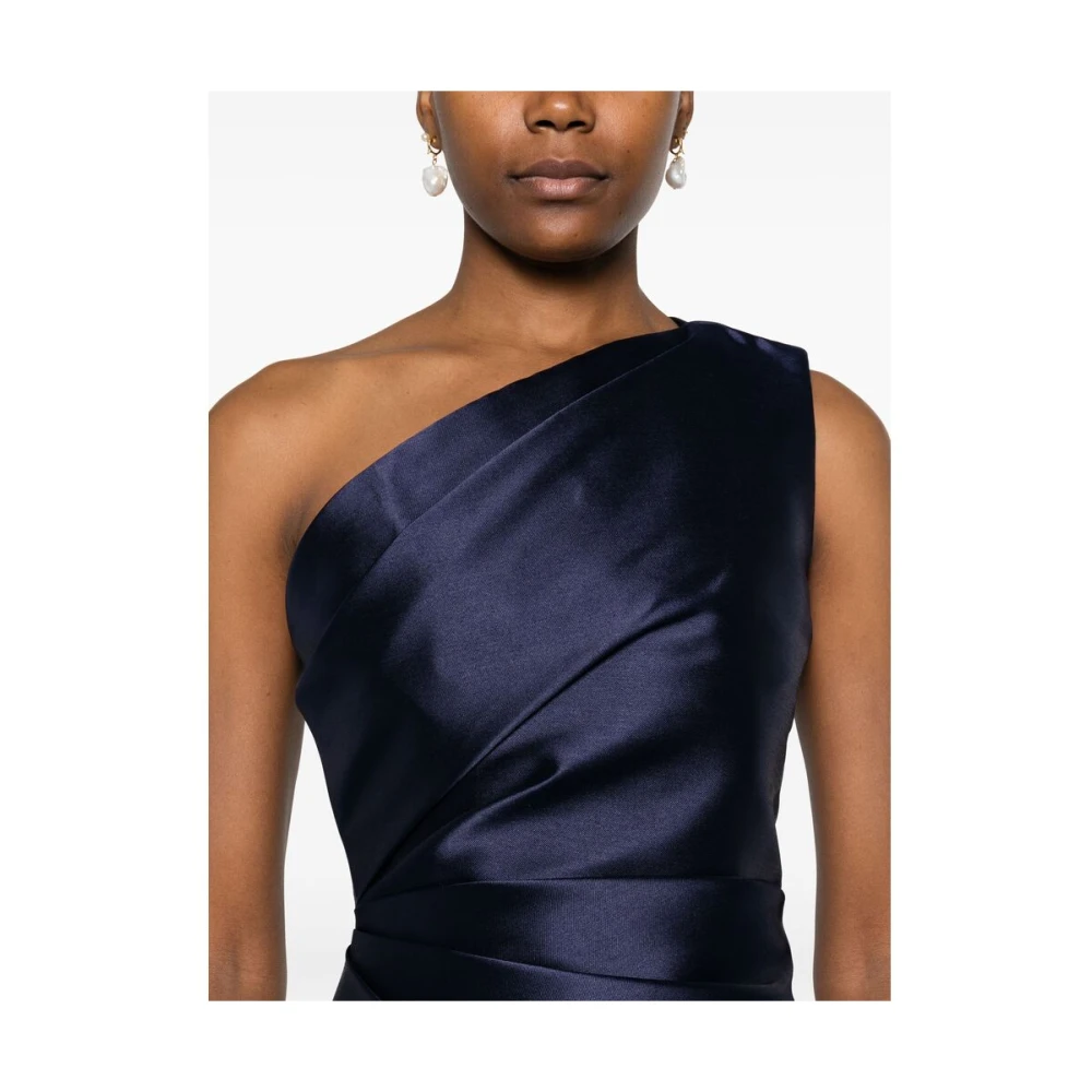 Solace London Navy Blauw Satijn One-Shoulder Jurk Blue Dames