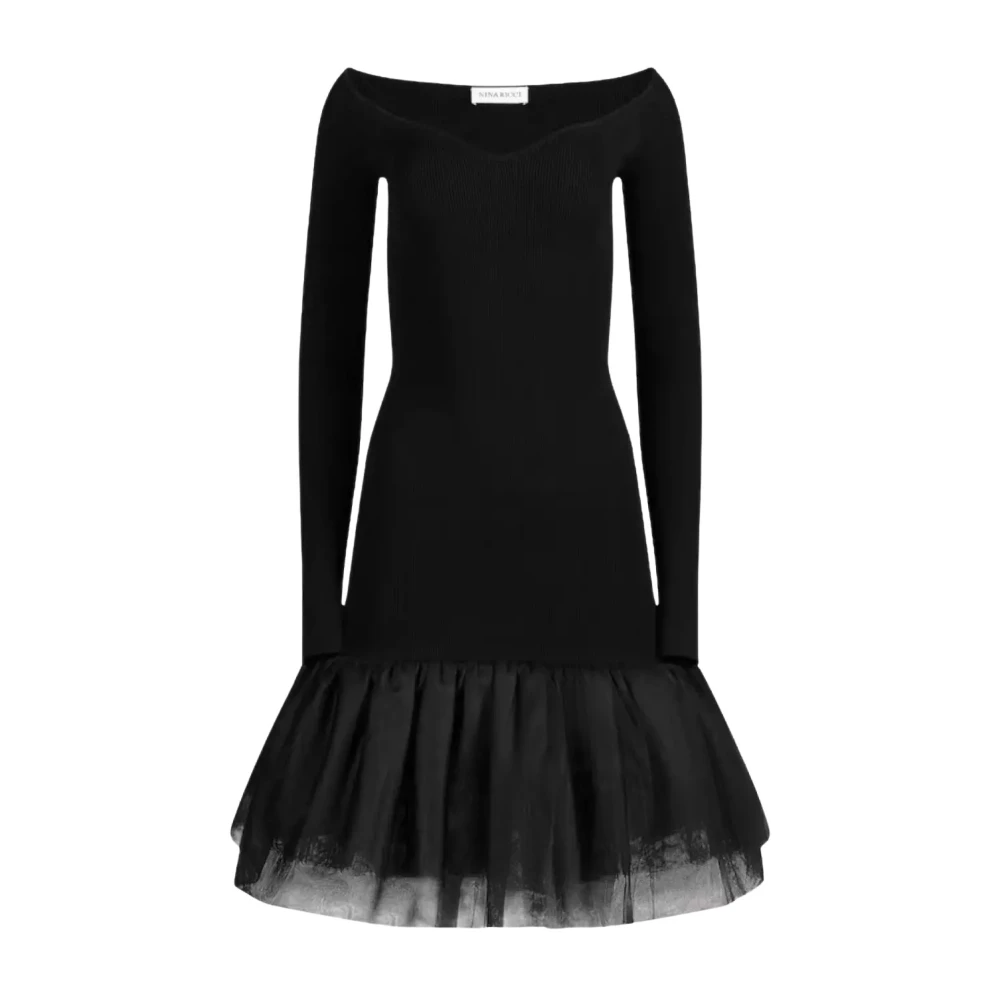 Nina Ricci Zwarte Midi Jurk met Tule Ruche Black Dames