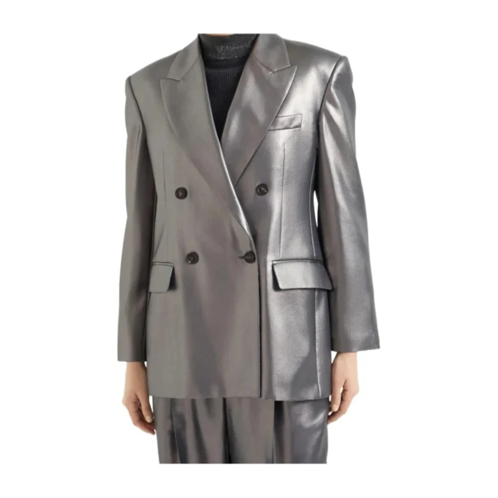 BRUNELLO CUCINELLI Metallic Twill Zijden Jas Gray Dames