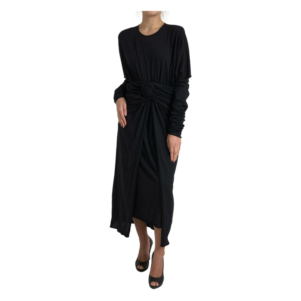 Dolce & Gabbana Black Wool Wrap Sheath Midi Gown Dress - IT46|XL - Image 2