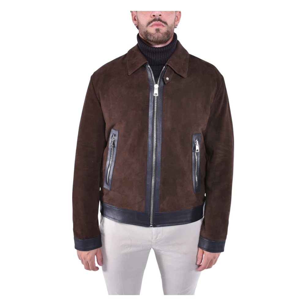 Dondup Leren Bikerjack met Overhemdkraag Brown Heren