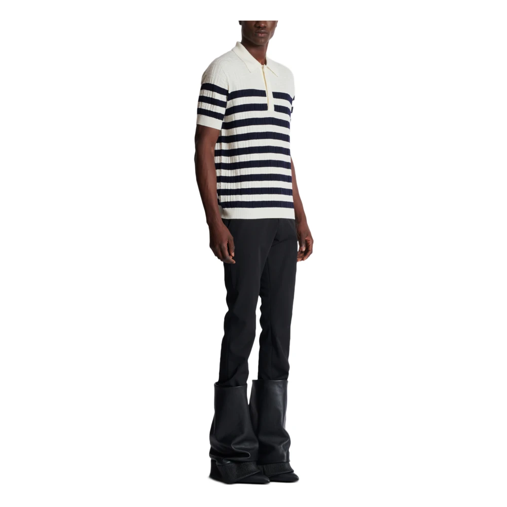 Balmain Gestreept Gebreid Poloshirt met Monogram White Heren