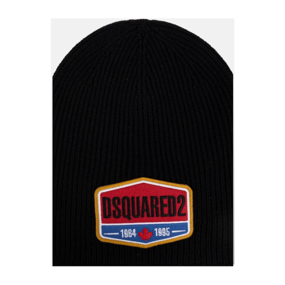 Dsquared2 Zwarte Katoenen Beanie Tag Patch Black Heren