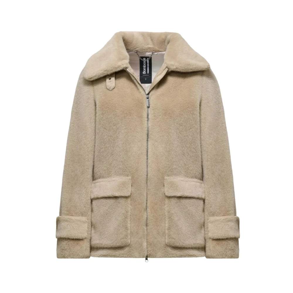 Bomboogie Donna Beige Giacca Corta In Eco Pelliccia Con Ampio Colletto