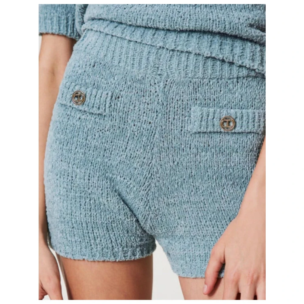 Twinset Katoenen Gebreide Shorts met Geribbelde Afwerking Blue Dames