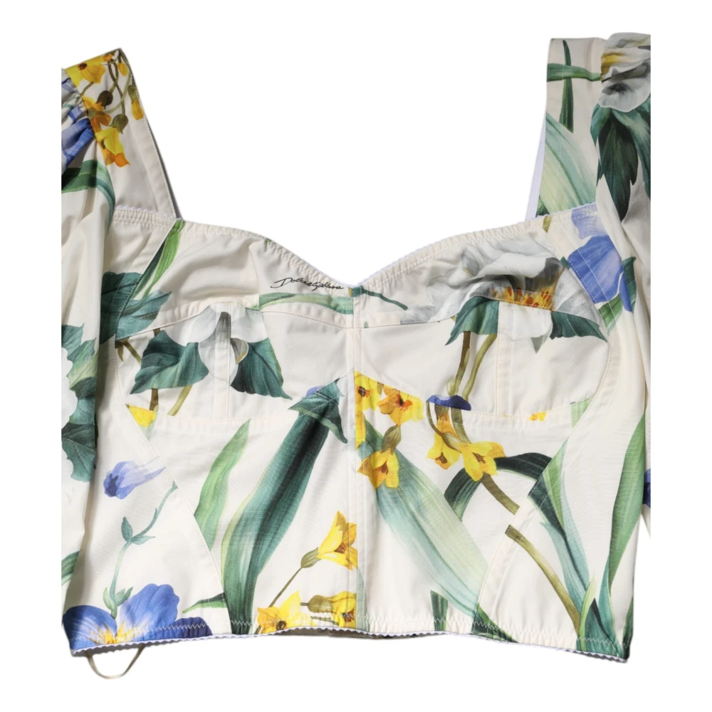 Dolce & Gabbana Donna Multicolor Blusa Crop Con Maniche A Sbuffo E Stampa Floreale Bianca