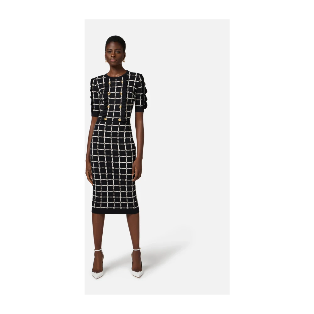 Elisabetta Franchi Jacquard logo jurk met ruches Black Dames