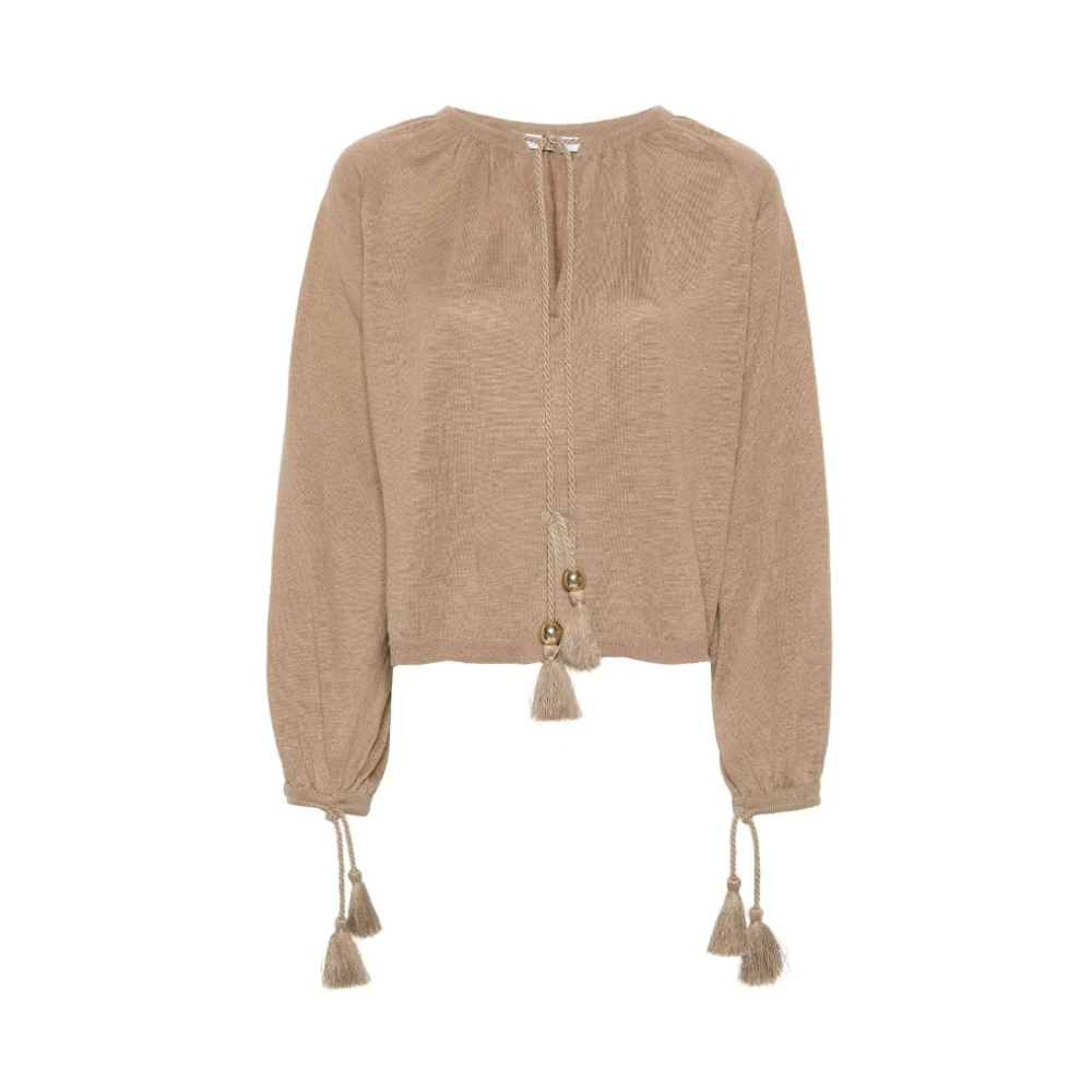 Max Mara Linnen Cropped Sweater met Gerimpelde Details Brown Dames