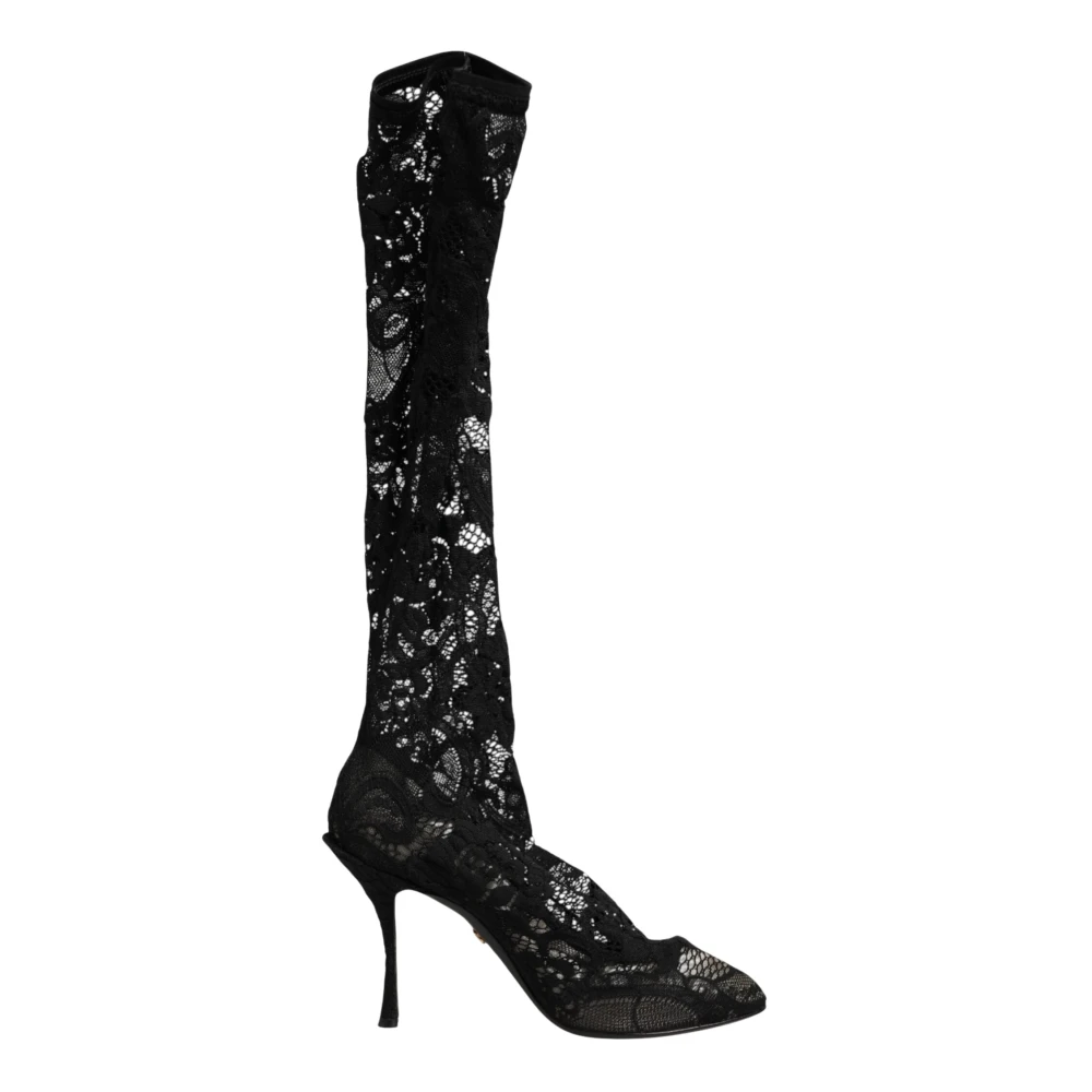 Dolce & Gabbana Women's Black Over-The-Knee Boots, 3 Uk, Taormina Lace Sock Boots