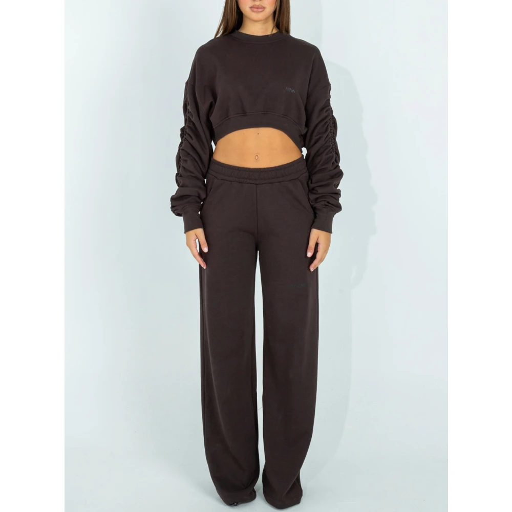 Hinnominate Trendy Casual Ruffled Sleeve Crop Sweatshirt Brown Dames