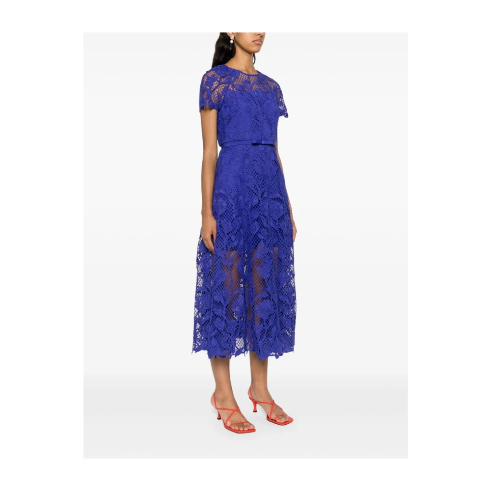 Self Portrait Blauwe Bloemen Kant Midi Jurk Blue Dames