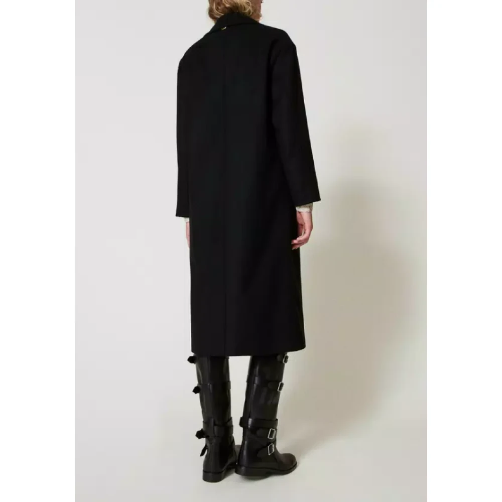 Twinset Zwarte Wollen Lange Jas Black Dames