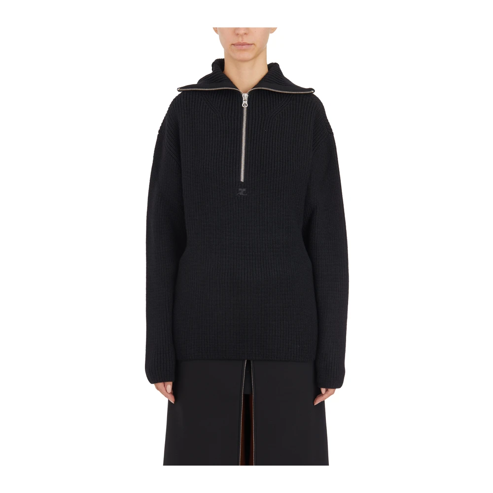 Courrèges Wollen Ribgebreide Hoodie Black Dames