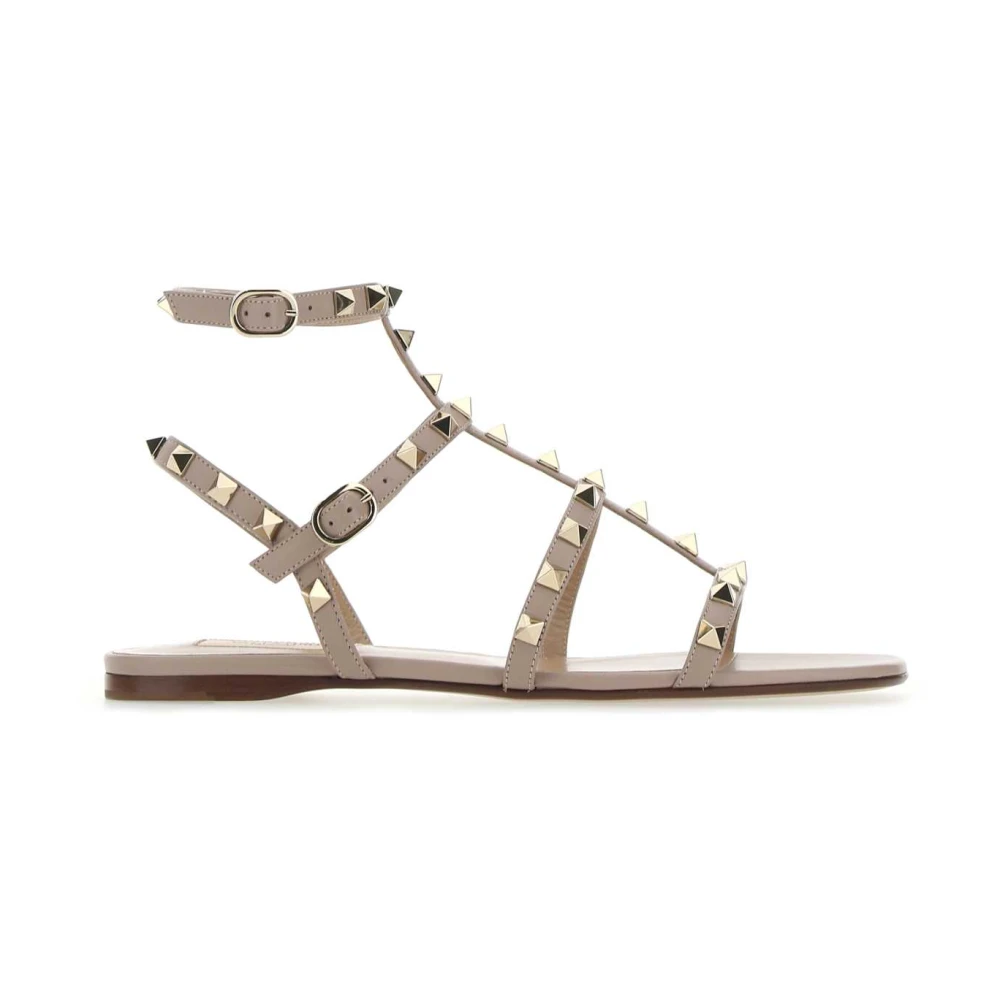 Valentino Garavani Rockstud Flat Calfskin Sandal With Straps - Female - Flat Sandals - Pink - 3 Uk - Shoes