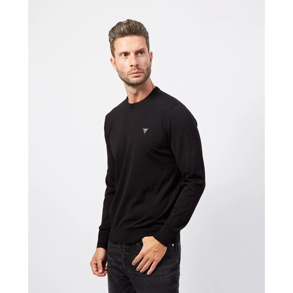 Guess Zwarte Crewneck Sweater Logo Ribbed Zoom Black Heren