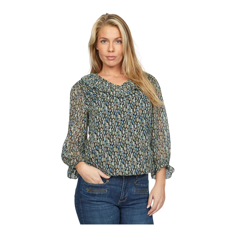 2-Biz Schattige Blouse met ¾ Mouwen en V-Hals Multicolor Dames
