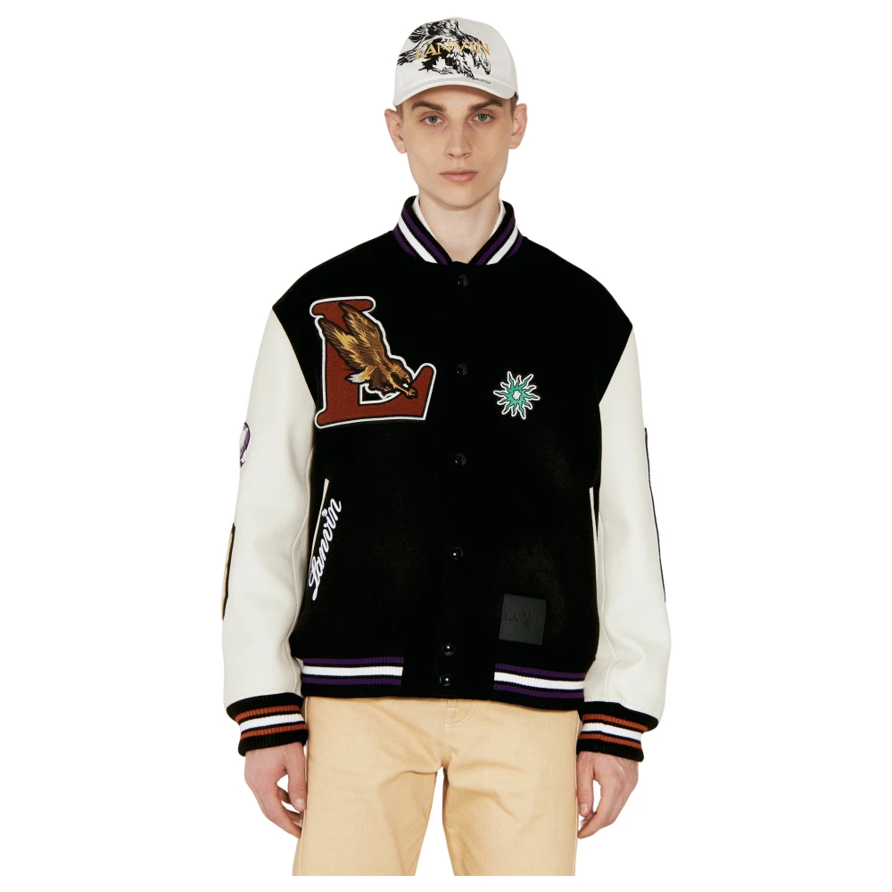 Lanvin Logo Patch Leren Mouw Varsity Jack Black Heren