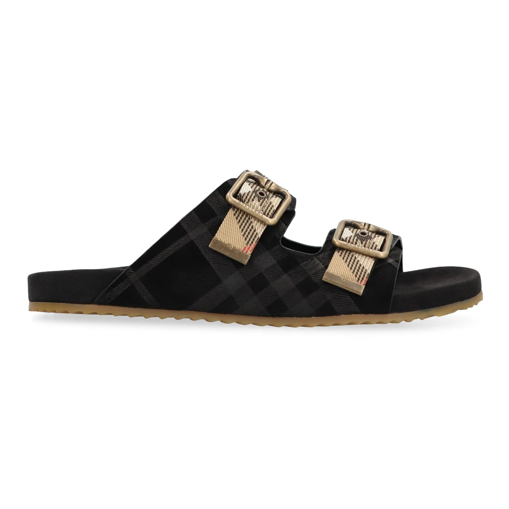 Burberry Men's Black Sliders, 8 Uk, Check Suede Urchin Sandals