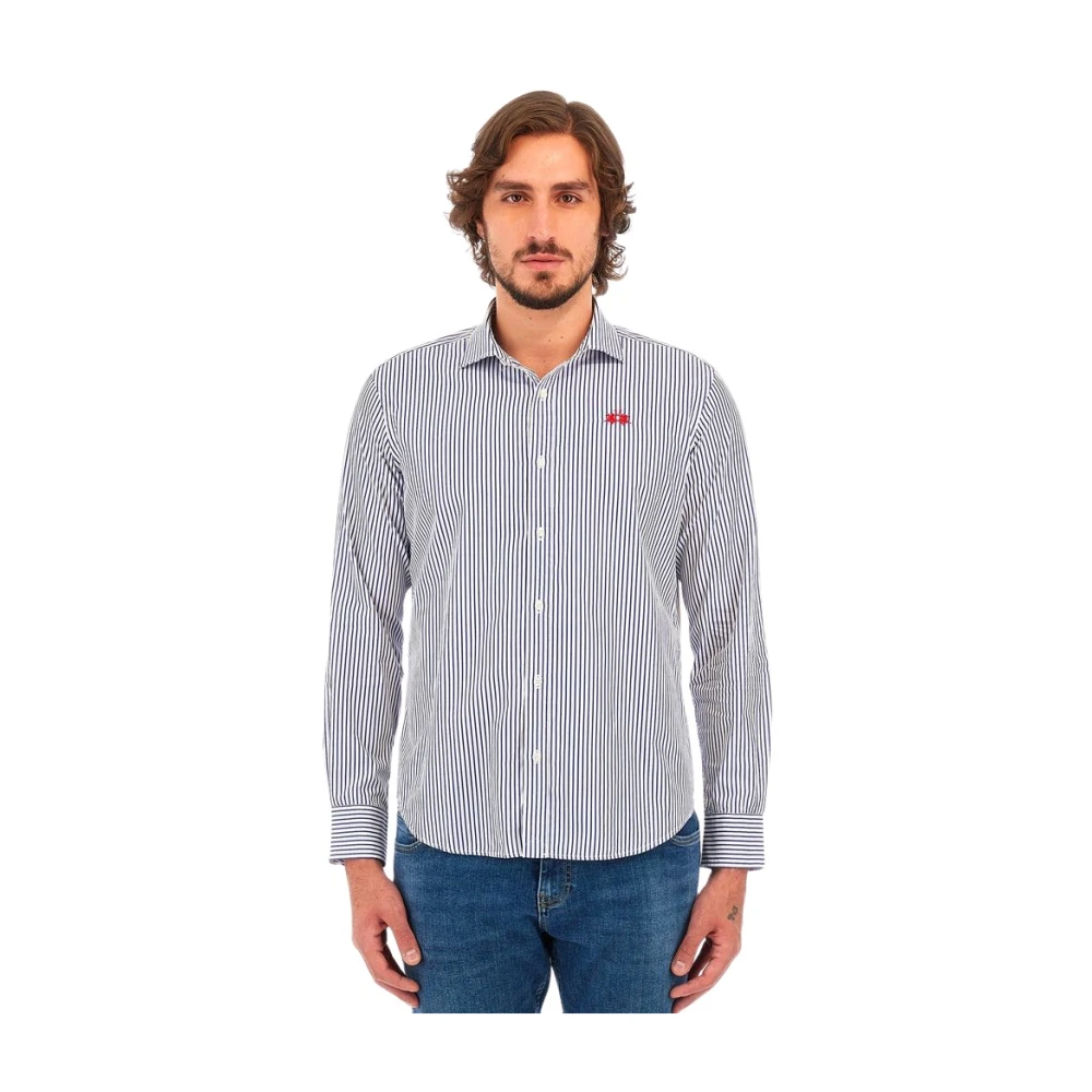 La Martina Men's Blue Striped Cotton Shirt With Embroidery 3XL