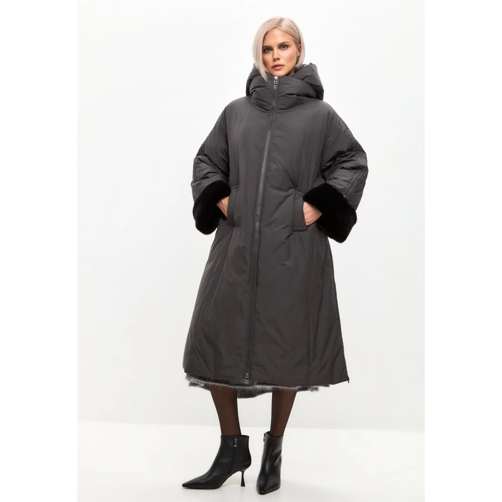 Cesare Gaspari Oversized gewatteerde jas met capuchon en nepbont manchetten Grijs Gray Dames